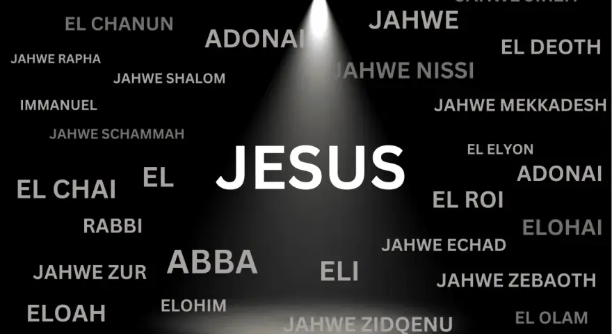JESUS im Licht, umgeben von Namen Gottes wie El Shaddai, Adonai, Elohim. Ein starkes Symbol, um an Gott zu glauben.