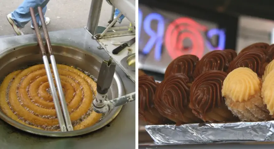 Churros z czekoladą kontra pączki z lukrem. Smażone churros w oleju i gotowe, udekorowane słodkości.