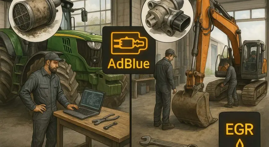 Mechanicy pracują przy traktorze i koparce. Na ekranie laptopa schemat, obok narzędzia. Widoczne symbole AdBlue i EGR.