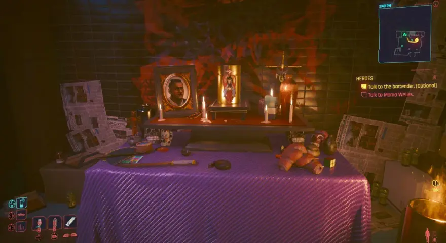 Ofrenda de paz cyberpunk con retrato, velas, calaveras y ofrendas.