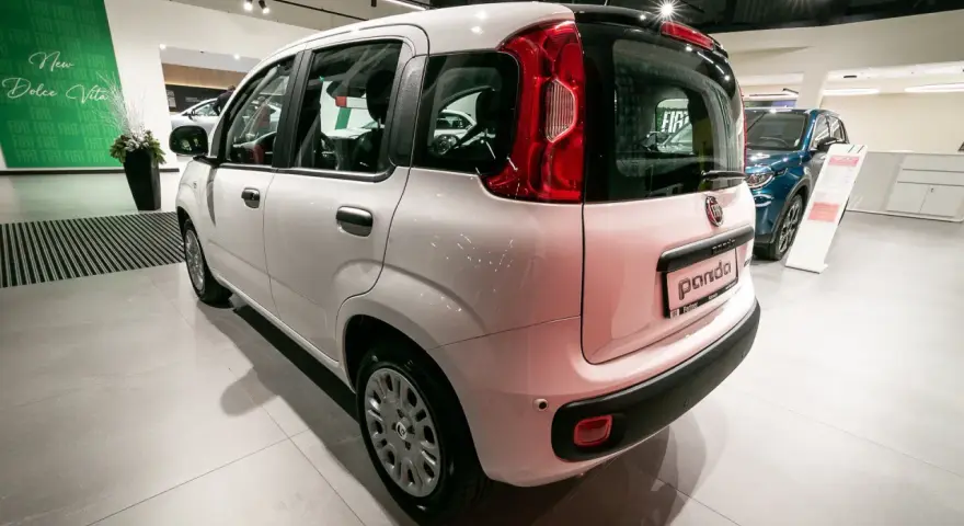Biały Fiat Panda stoi w salonie samochodowym obok niebieskiego Fiata.