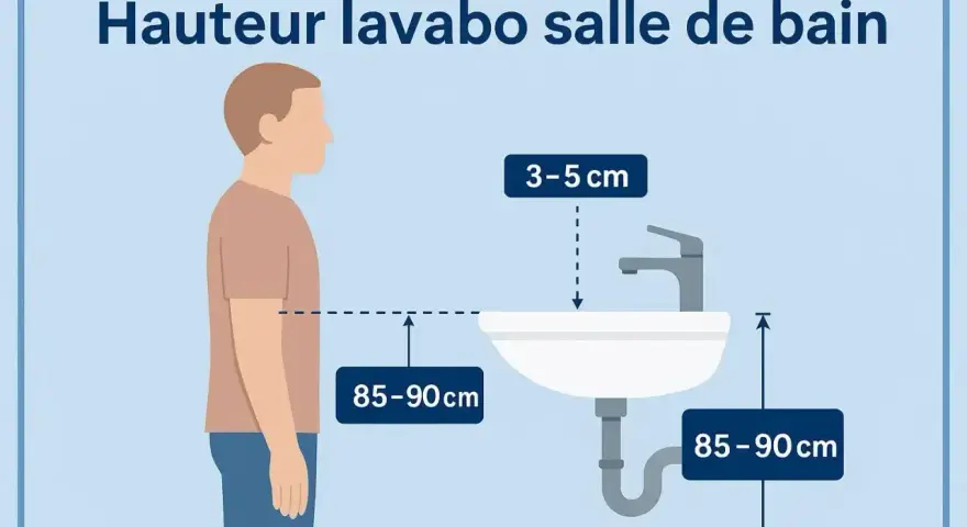 Illustration showing a person and a sink. The ideal height for a bathroom vanity is 85-90 cm, with the faucet 3-5 cm above the sink.