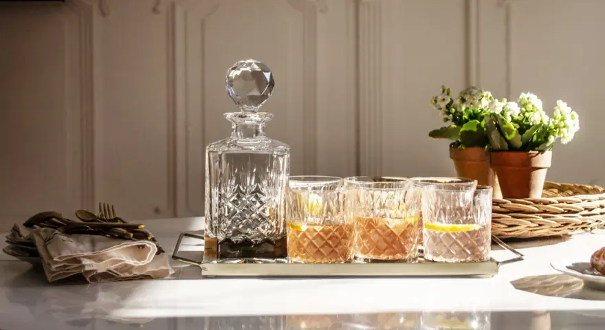 Elegancka karafka i szklanki z drinkami, idealne do degustacji whisky. Z czym pić whisky? Z cytryną i lodem, w dobrym towarzystwie.