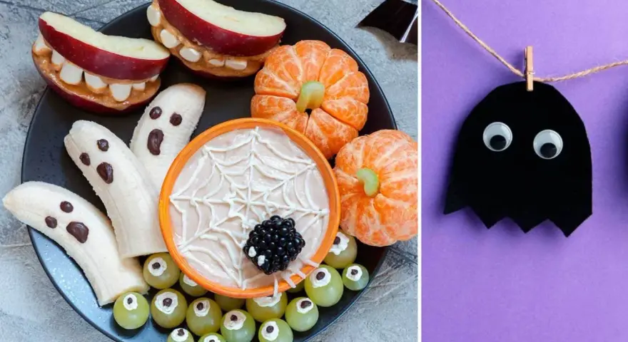Rolig halloweenmat för barn: bananghay, äppelskräck och spindelnätsdipp.