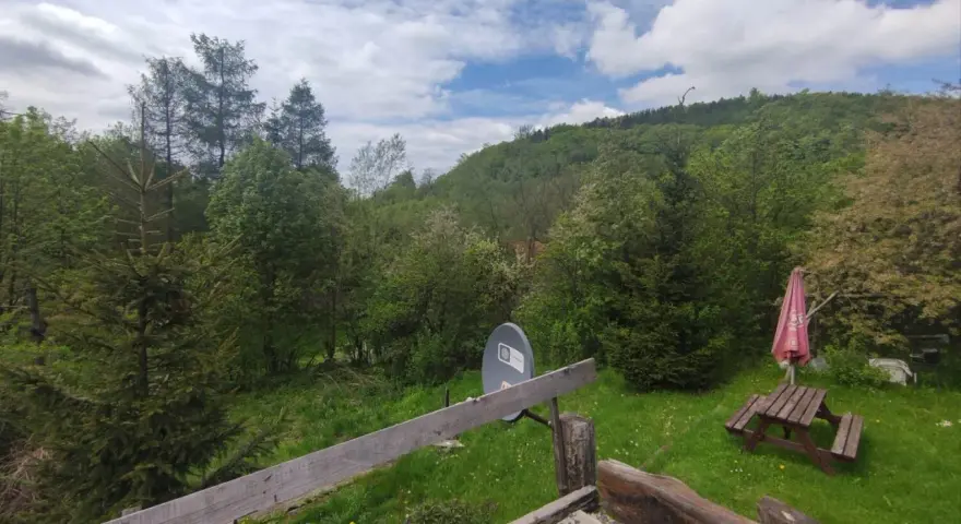 Zielona, szwajcarska dolina z lasem, drewnianym stołem piknikowym i parasolem.