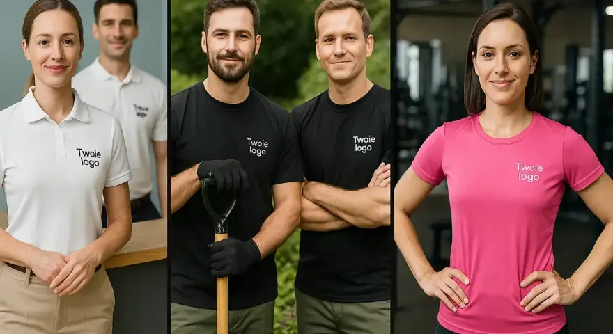 Uśmiechnięci pracownicy w koszulkach z logo firmy. Białe polo, czarne t-shirty z łopatą i różowa koszulka sportowa.