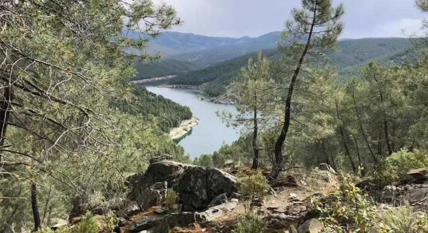 Vista panorámica del embalse de El Vado, rodeado de pinos y montañas. El agua serena refleja el cielo nublado.