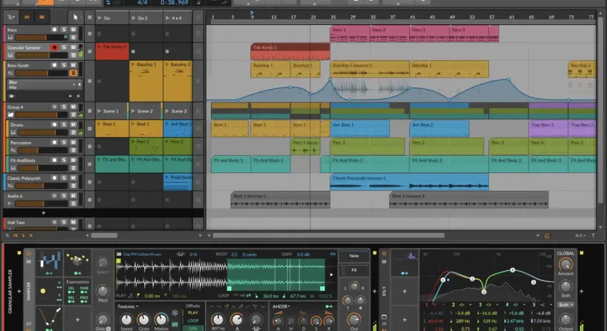 Wielostrefowy projekt w Bitwig Studio z warstwami instrumentów, sampli i efektów.