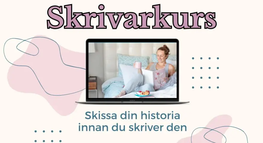 En kvinna läser en bok i sängen, inspirerad av hur man skriver en recension. "Skrivarkurs" står i text.