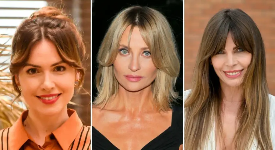 Trzy kobiety: jedna z upiętymi włosami, druga z blond włosami i grzywką curtain bangs, trzecia z długimi brązowymi włosami i grzywką curtain bangs.