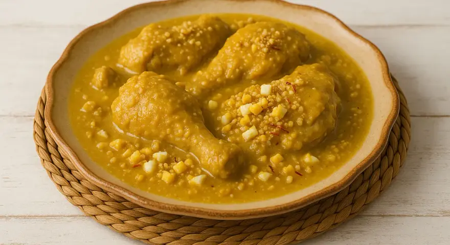 Pollo en pepitoria con trozos de huevo duro y hebras de azafrán en un plato.