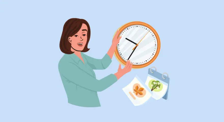 Mujer sonriente con un reloj, preguntándose cuánto se tarda en aprender francés. Hay un calendario con imágenes de hojas y un árbol.