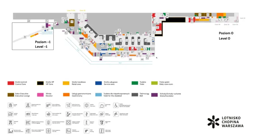 Mapa lotniska Chopina: Poziom -1 i 0 z zaznaczonymi restauracjami, toaletami, kontrolami i innymi usługami.