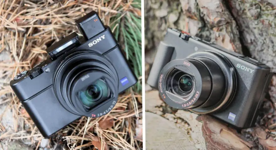 Dwa aparaty Sony RX100 II leżą na naturalnym tle. Jeden na igliwiu, drugi na korze drzewa.
