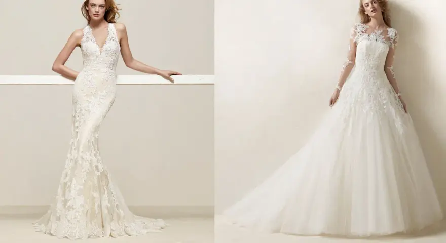Due abiti da sposa in pizzo, uno a sirena con scollature particolari e l'altro principesco con maniche lunghe.