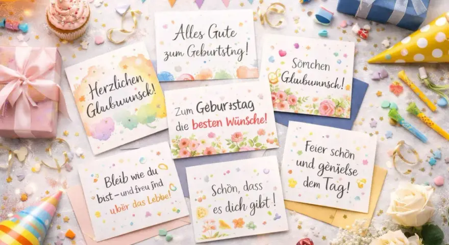 Geburtstagskarten mit bunten Motiven und Sprüchen wie "Alles Gute zum Geburtstag" und "Gottes Segen zum Geburtstag". Dekoriert mit Konfetti, Geschenken und Blumen.