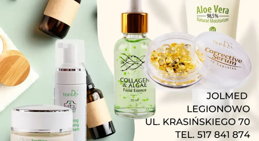 Zestaw kosmetyków TianDe: krem, serum, żel z aloesem, esencja z kolagenem i algami. W składzie niektórych produktów może znajdować się alcohol denat.