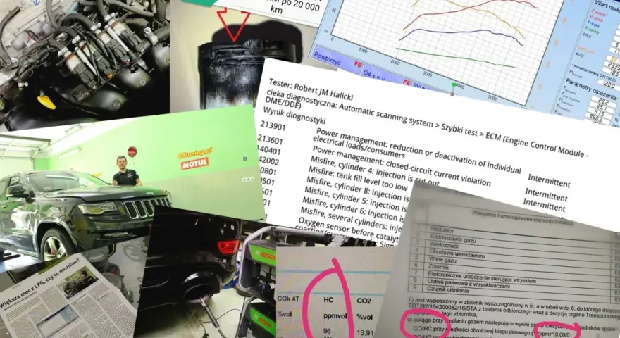 Silnik nie przełącza na gaz. Wyniki diagnostyki wskazują na problemy z wtryskiem i zarządzaniem mocą.