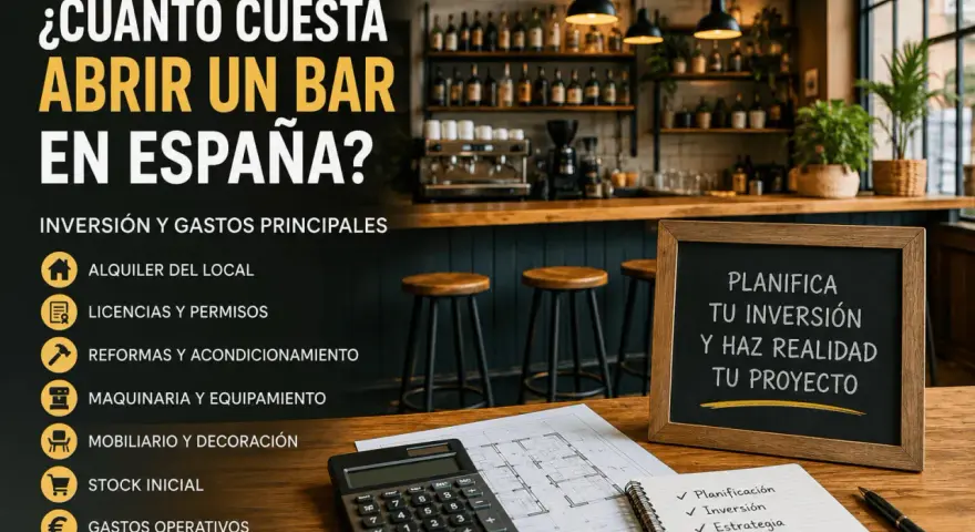 Calculadora, planos y pizarra con "Planifica tu inversión y haz realidad tu proyecto". Detalla costes de apertura de bar, incluyendo el precio de la licencia.