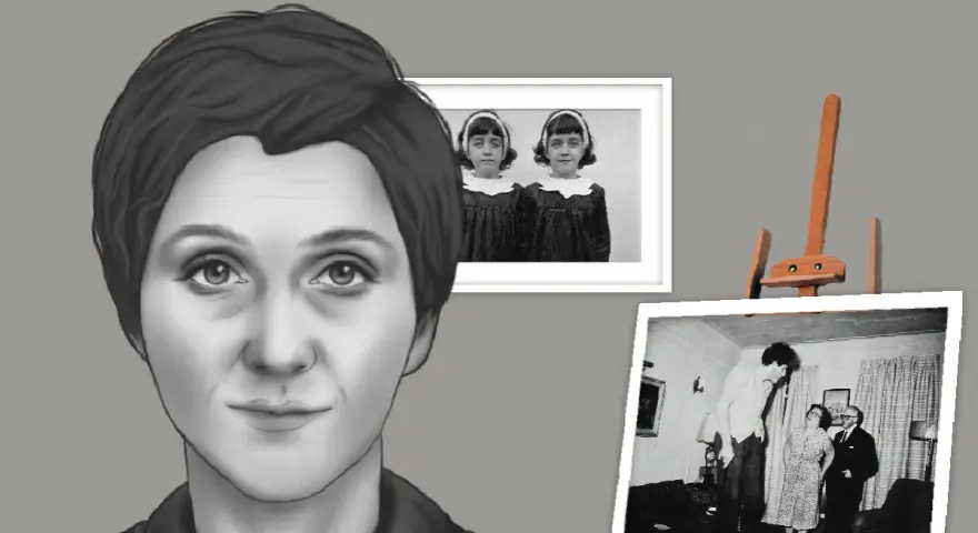 Portret Diane Arbus z jej słynnymi zdjęciami bliźniaczek i pary.