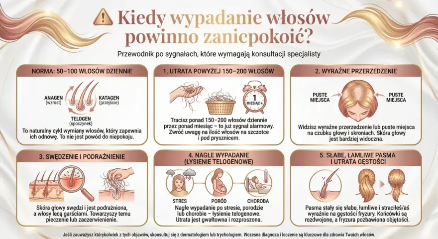 Grafika pokazuje sygnały wskazujące na wypadanie włosów. Znajdziesz tu informacje o normie, utracie włosów, przerzedzeniu, swędzeniu, nagłym wypadaniu i słabych pasmach. To przydatne wskazówki dotyczące domowych sposobów na wypadanie włosów.