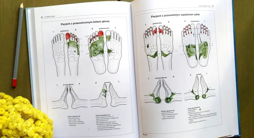 Ilustracje z książki pokazują punkty na stopach do terapii. Kurs refleksologii pomaga zrozumieć powiązania między stopami a różnymi częściami ciała.