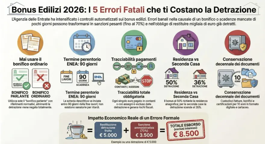 Infografica sui bonus edilizi: errori comuni, scadenze ENEA, tracciabilità pagamenti e residenza vs seconda casa. Il **significato** di "bifamiliare" non è esplicitato, ma si parla di detrazioni per prime e seconde case.