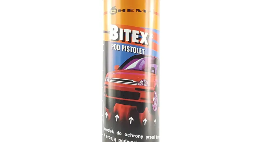 Puszka preparatu Bitex pod pistolet, chroniącego podwozie samochodu przed korozją.