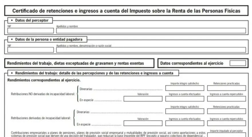 Certificado de retenciones e ingresos a cuenta del IRPF. Detalla rendimientos del trabajo y datos para la renta 2026.