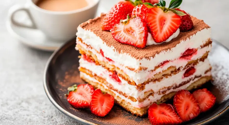 Pyszny deser tiramisu z truskawkami, idealny gdy szukasz czegoś zamiast amaretto. Podany z kawą.