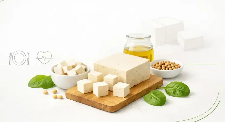 Czy tofu jest zdrowe? Na zdjęciu kostki tofu, soja, olej i szpinak, sugerujące zdrową dietę.
