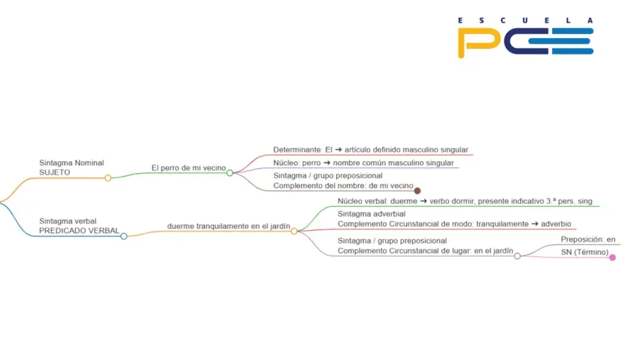 Diagrama de árbol para el análisis sintáctico de "El perro de mi vecino duerme tranquilamente en el jardín", mostrando sujeto y predicado.