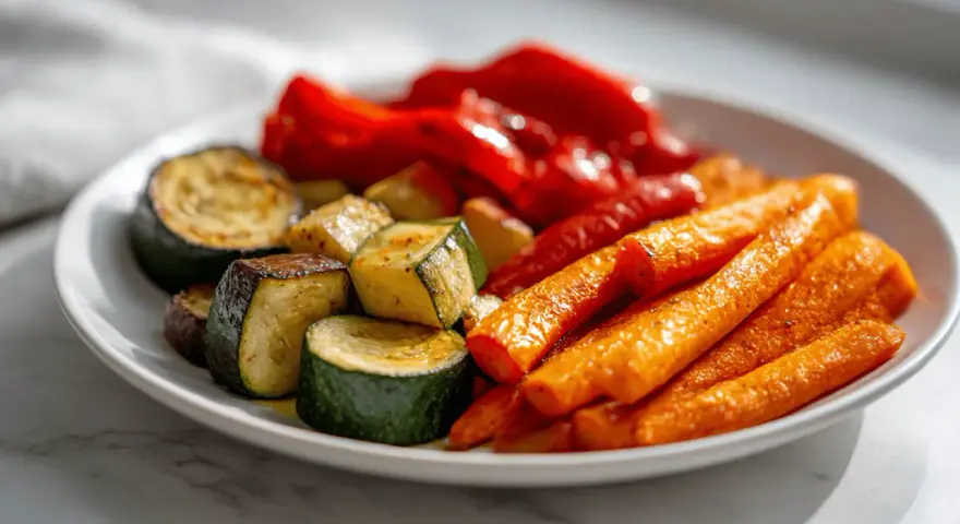 Pyszne warzywa z airfryer: chrupiące marchewki, cukinia i papryka, idealne na lekki posiłek.