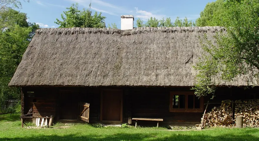 Drewniana chata z krytym strzechą dachem, część ekspozycji Muzeum Wsi Opolskiej. Obok stos drewna i ławka.
