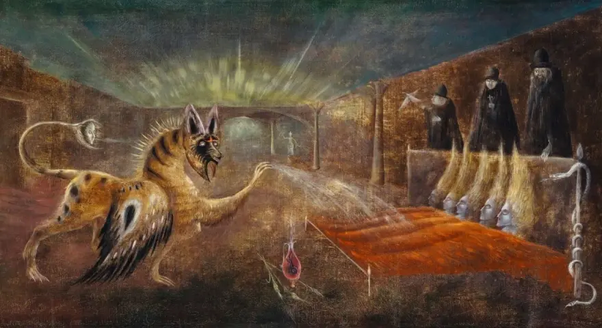 Œuvres d'art de Leonora Carrington : une créature hybride crache sur des têtes flottantes devant des figures en robe.