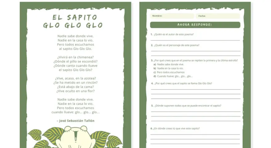 Hoja de trabajo con el poema "El sapito Glo Glo Glo" y preguntas para leer y responder. Incluye una ilustración de un sapito.