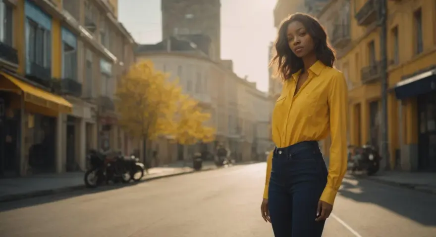 Une femme porte une chemise jaune oversize rentrée dans un jean. Elle se tient dans une rue bordée de bâtiments jaunes et d'arbres aux feuilles d'automne.
