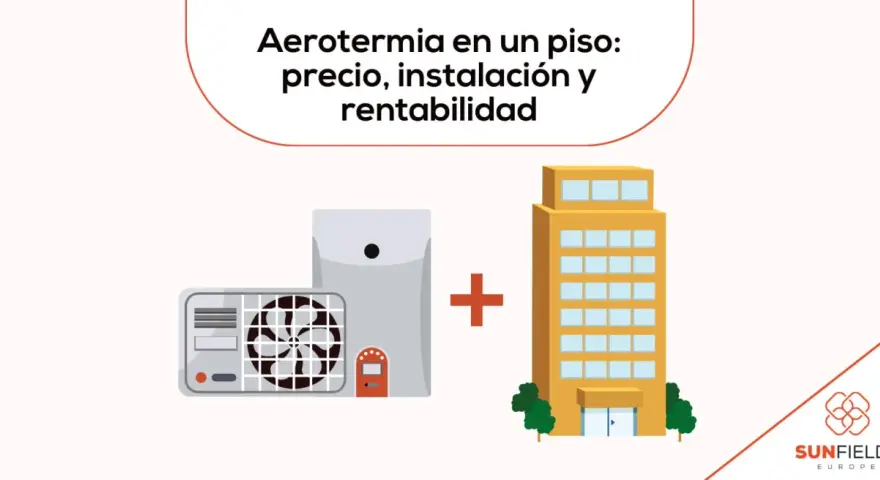 Unidades de aerotermia y un edificio, representando la instalación de aerotermia en un piso.