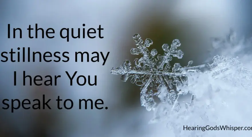 A snowflake rests on snow, with text about finding God's voice during a christian silent retreat.