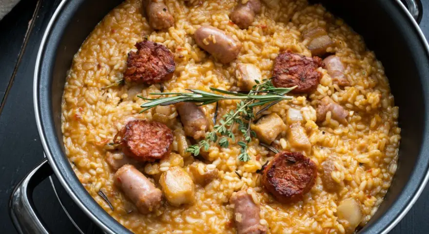 Arroz a la zamorana en paellera con chorizo, salchichas y hierbas aromáticas.