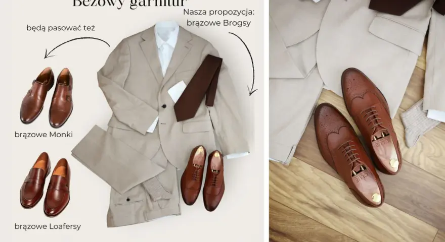 Beżowy garnitur i propozycje brązowych butów: Monki, Loafersy i Brogsy. Idealne jakie buty do beżowego garnituru.