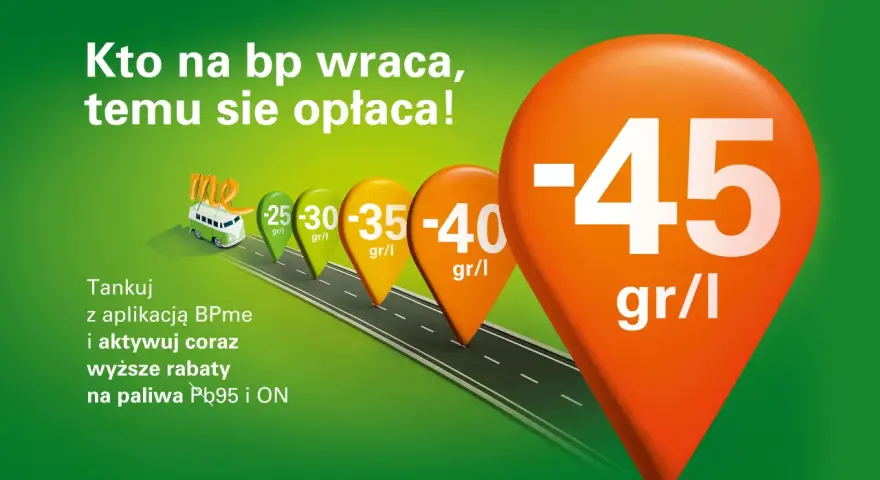 BP promocja: tankuj z aplikacją BPme i aktywuj rabaty do -45 gr/l na paliwa Pb95 i ON. Kto na BP wraca, temu się opłaca!