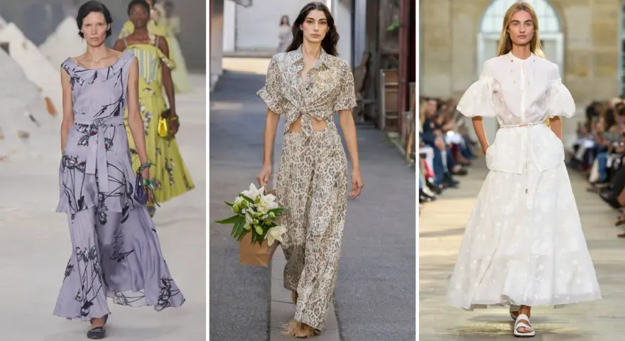 Modelle sfilano con abiti eleganti: uno lilla con stampa floreale, uno animalier con camicia annodata e pantaloni sotto, e uno bianco ricamato.