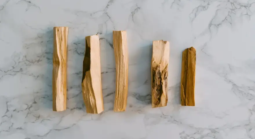 Seis trozos de palo santo sobre mármol. El palo santo se usa para purificar y aromatizar.