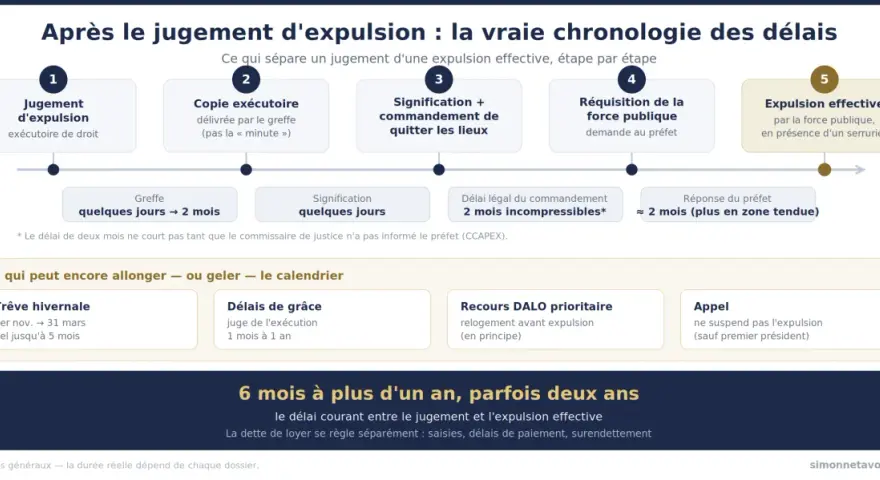 Chronologie des étapes d'une expulsion : jugement, copie exécutoire, commandement, réquisition force publique, expulsion effective. Le délai expulsion occupant sans droit ni titre peut être rallongé.