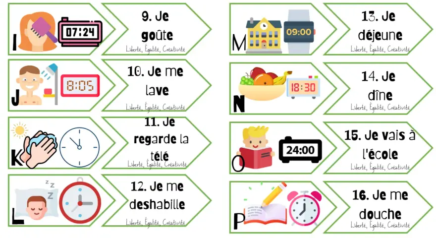 Tarjetas para practicar francés: "Je goûte" (9), "Je me lave" (10), "Je regarde la télé" (11), "Je me déshabille" (12), "Je déjeune" (13), "Je dîne" (14), "Je vais à l'école" (15), "Je me douche" (16).