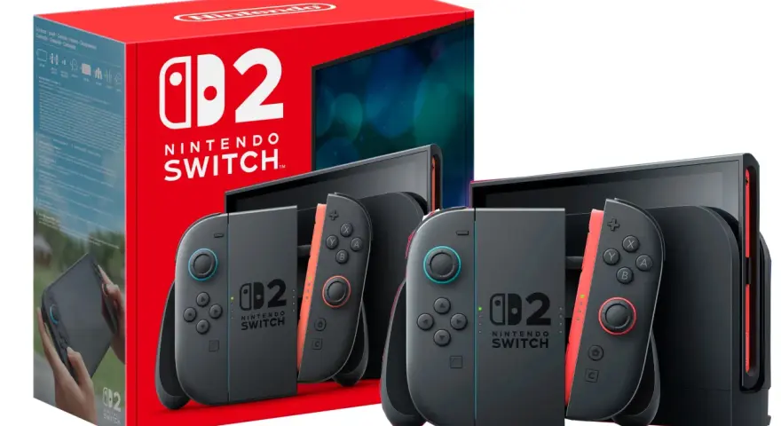 Zestaw Nintendo Switch w języku polskim: konsola, dwa kontrolery Joy-Con i stacja dokująca.