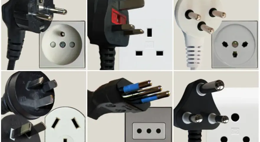 Różne rodzaje wtyczek i gniazdek elektrycznych, w tym te używane we Włoszech.