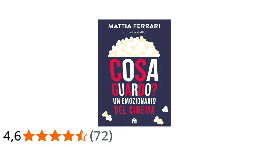 Copertina del libro "Cosa guardo? Un emozionario del cinema" di Mattia Ferrari, con pop-corn e un'icona a forma di cinema. Perfetto per gli amanti del formato cinema.