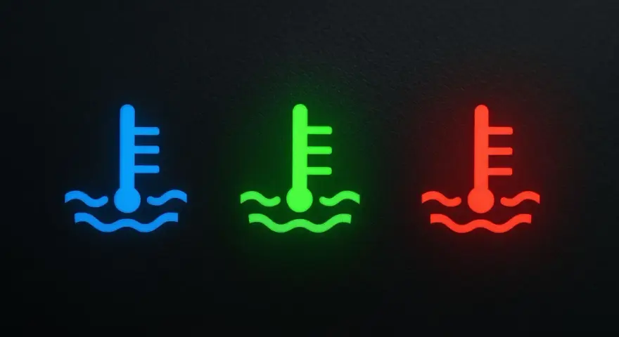 Icone di un termometro in acqua, blu, verde e rosso, che indicano la temperatura del liquido di raffreddamento.